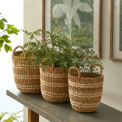 Seagrass & Jute Round Baskets With Handles- Set of 3