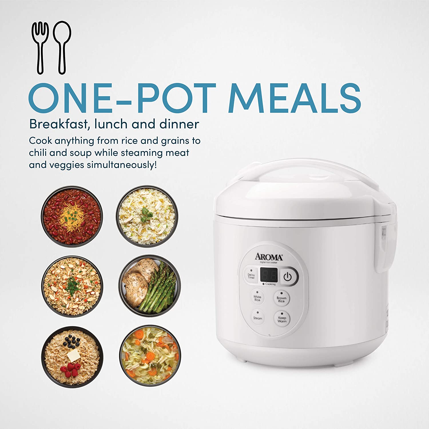 Aroma 6-Cup Rice Cooker And Food Steamer, White White Steamer